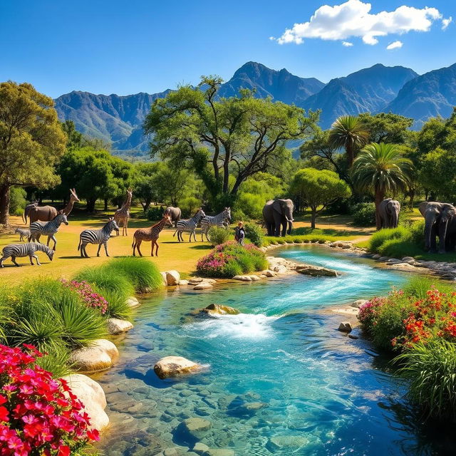 A stunning landscape of Safari Springs, showcasing lush greenery, vibrant flowers, and sparkling blue springs