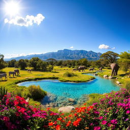 A stunning landscape of Safari Springs, showcasing lush greenery, vibrant flowers, and sparkling blue springs
