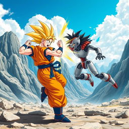 An intense battle scene between Goku and C19, set in a dramatic rocky landscape with a bright blue sky and fluffy clouds