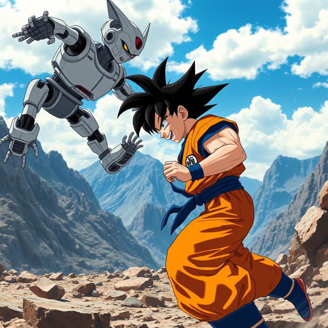 An intense battle scene between Goku and C19, set in a dramatic rocky landscape with a bright blue sky and fluffy clouds