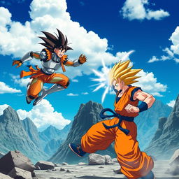 An intense battle scene between Goku and C19, set in a dramatic rocky landscape with a bright blue sky and fluffy clouds