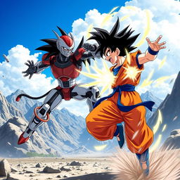 An intense battle scene between Goku and C19, set in a dramatic rocky landscape with a bright blue sky and fluffy clouds
