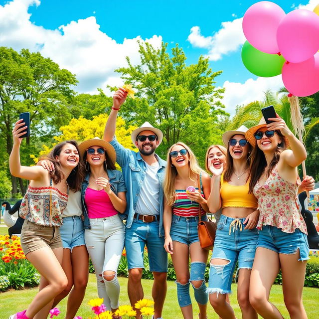 A vibrant and lively TikTok-inspired scene showcasing a group of friends joyfully celebrating a happy day in a colorful park