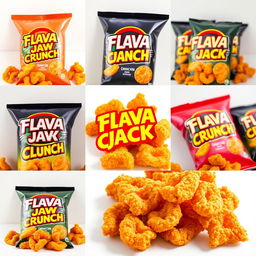 A series of high-quality product shots featuring 'Flava Jack Crunch' snacks