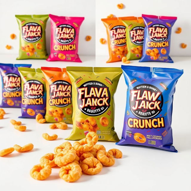 A series of high-quality product shots featuring 'Flava Jack Crunch' snacks