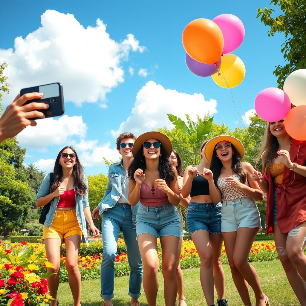 A vibrant and lively TikTok-inspired scene showcasing a group of friends joyfully celebrating a happy day in a colorful park