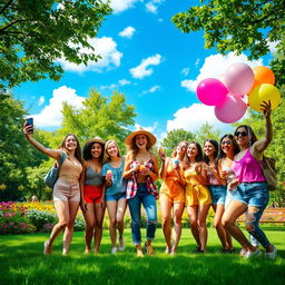A vibrant and lively TikTok-inspired scene showcasing a group of friends joyfully celebrating a happy day in a colorful park