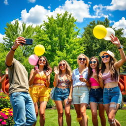 A vibrant and lively TikTok-inspired scene showcasing a group of friends joyfully celebrating a happy day in a colorful park