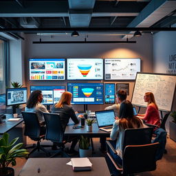 A modern digital marketing agency's workspace featuring various digital marketing elements