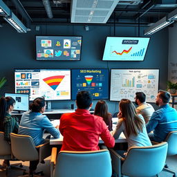 A modern digital marketing agency's workspace featuring various digital marketing elements