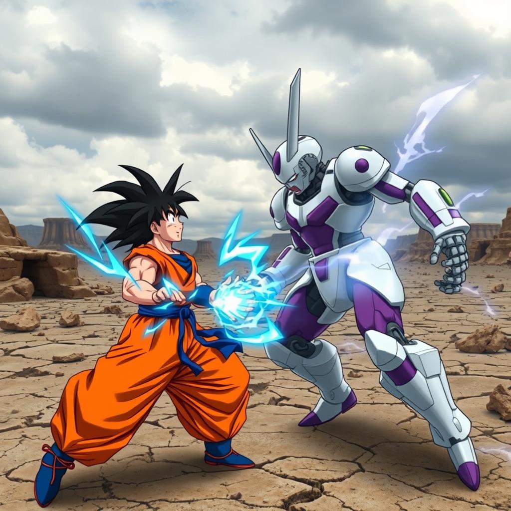 An epic confrontation between Goku and Android 19, taking place in a dramatic wasteland with cracked ground and scattered rubble