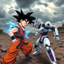 An epic confrontation between Goku and Android 19, taking place in a dramatic wasteland with cracked ground and scattered rubble