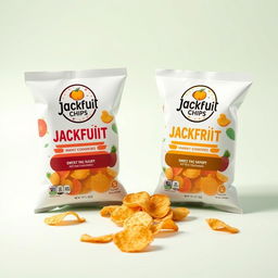 A delicious packaging design for jackfruit chips featuring various flavors, presented in transparent packaging to showcase the crispy chips inside