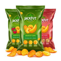 A delicious packaging design for jackfruit chips featuring various flavors, presented in transparent packaging to showcase the crispy chips inside