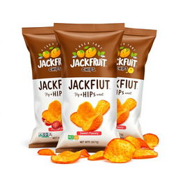 A delicious packaging design for jackfruit chips featuring various flavors, presented in transparent packaging to showcase the crispy chips inside