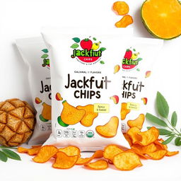 A delicious packaging design for jackfruit chips featuring various flavors, presented in transparent packaging to showcase the crispy chips inside