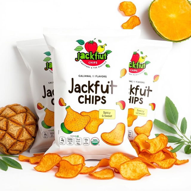 A delicious packaging design for jackfruit chips featuring various flavors, presented in transparent packaging to showcase the crispy chips inside