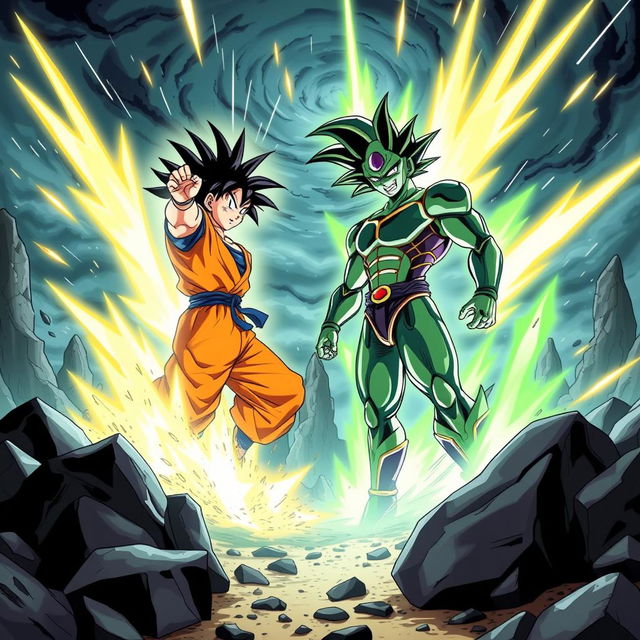 An exhilarating battle between Goku and Cell, taking place in an explosive landscape filled with crumbling rocks and massive energy blasts illuminating the scene