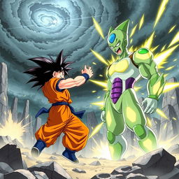 An exhilarating battle between Goku and Cell, taking place in an explosive landscape filled with crumbling rocks and massive energy blasts illuminating the scene