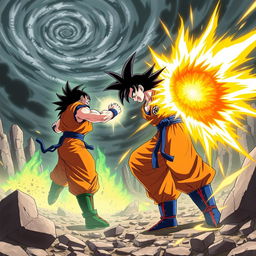 An exhilarating battle between Goku and Cell, taking place in an explosive landscape filled with crumbling rocks and massive energy blasts illuminating the scene
