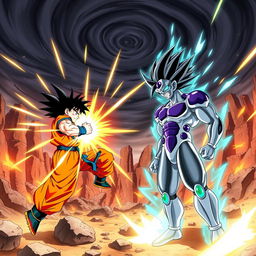An exhilarating battle between Goku and Cell, taking place in an explosive landscape filled with crumbling rocks and massive energy blasts illuminating the scene
