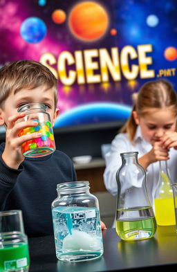 A boy holding a jar of colorful chemicals with a curious expression, while a girl is intently mixing chemicals in a lab setting
