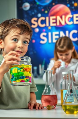 A boy holding a jar of colorful chemicals with a curious expression, while a girl is intently mixing chemicals in a lab setting
