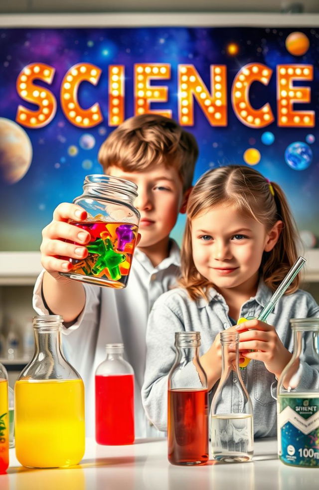 A boy holding a jar of colorful chemicals with a curious expression, while a girl is intently mixing chemicals in a lab setting