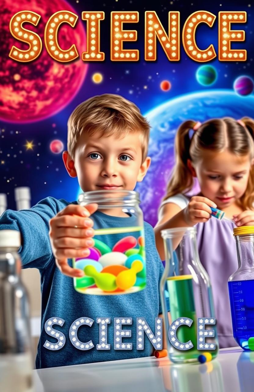 A boy holding a jar of colorful chemicals with a curious expression, while a girl is intently mixing chemicals in a lab setting