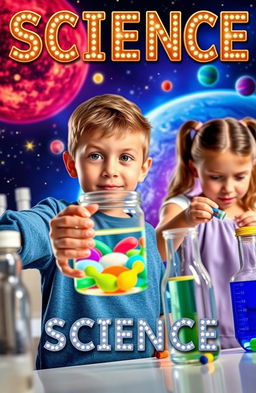 A boy holding a jar of colorful chemicals with a curious expression, while a girl is intently mixing chemicals in a lab setting