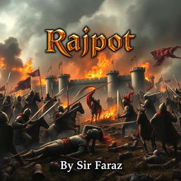 A full-sized, straight-view cover showcasing an epic medieval battlefield where soldiers are clashing with swords, shields, and spears