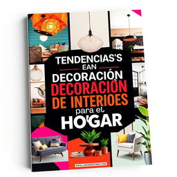 A striking and visually appealing book cover for a publication titled 'Tendencias en Decoración de Interiores para el Hogar'