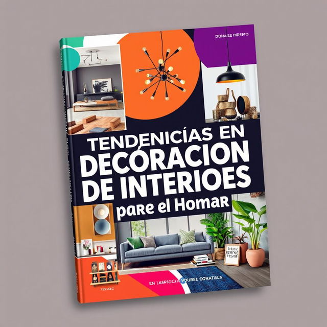 A striking and visually appealing book cover for a publication titled 'Tendencias en Decoración de Interiores para el Hogar'