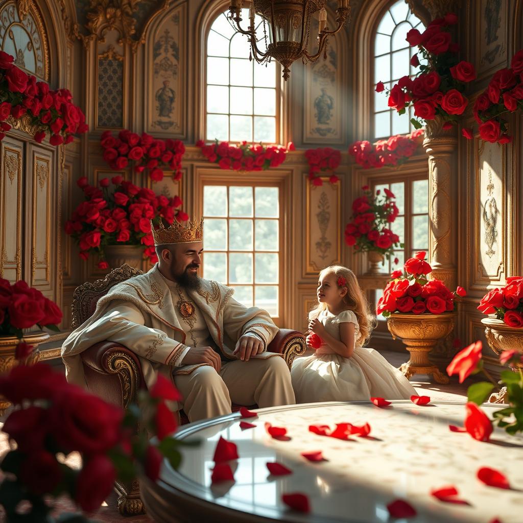 A majestic king in royal attire sitting comfortably, engaged in a warm conversation with his young daughter inside a beautifully ornate palace room