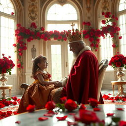 A majestic king in royal attire sitting comfortably, engaged in a warm conversation with his young daughter inside a beautifully ornate palace room