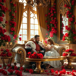 A majestic king in royal attire sitting comfortably, engaged in a warm conversation with his young daughter inside a beautifully ornate palace room