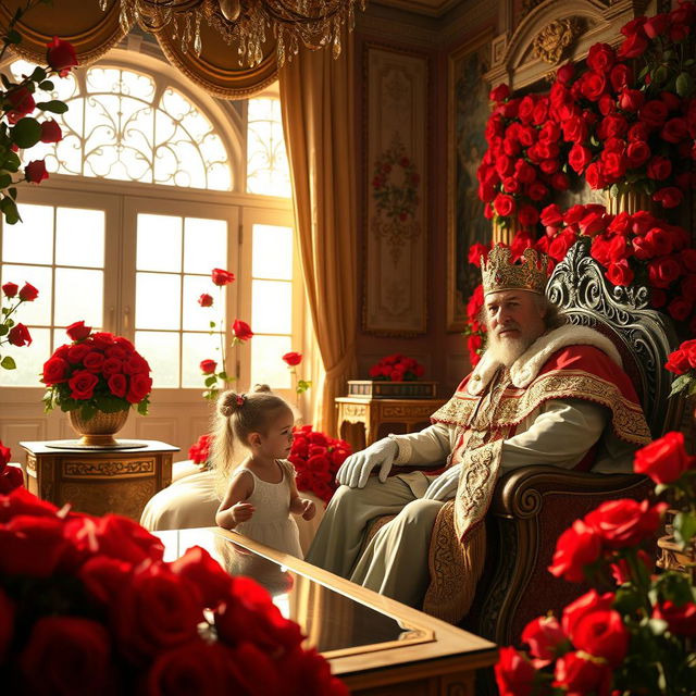 A majestic king in royal attire sitting comfortably, engaged in a warm conversation with his young daughter inside a beautifully ornate palace room