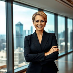 a formal portrait of a confident businesswoman in a sleek black suit, standing against a modern office backdrop with large glass windows showcasing a city skyline