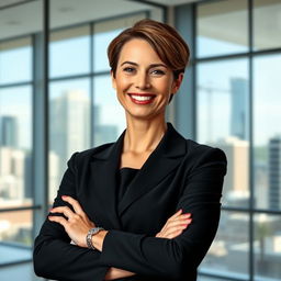 a formal portrait of a confident businesswoman in a sleek black suit, standing against a modern office backdrop with large glass windows showcasing a city skyline