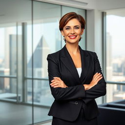 a formal portrait of a confident businesswoman in a sleek black suit, standing against a modern office backdrop with large glass windows showcasing a city skyline