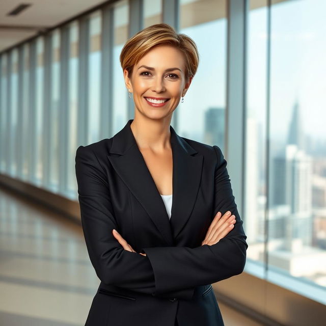 a formal portrait of a confident businesswoman in a sleek black suit, standing against a modern office backdrop with large glass windows showcasing a city skyline