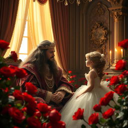 A majestic scene inside a palace room filled with vibrant red roses