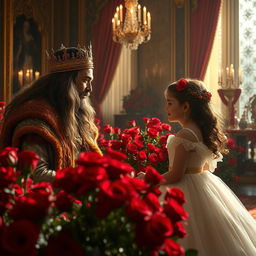 A majestic scene inside a palace room filled with vibrant red roses
