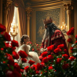 A majestic scene inside a palace room filled with vibrant red roses