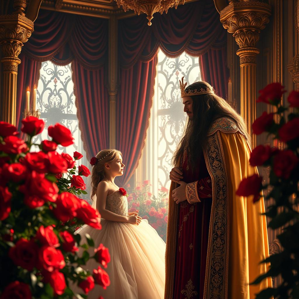 A majestic scene inside a palace room filled with vibrant red roses