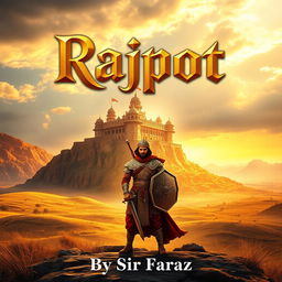 A full-sized, straight-view book cover focusing on royalty and valor, featuring a majestic Rajput palace or fortress standing tall on a rocky hill, bathed in golden sunlight under a dramatic sky