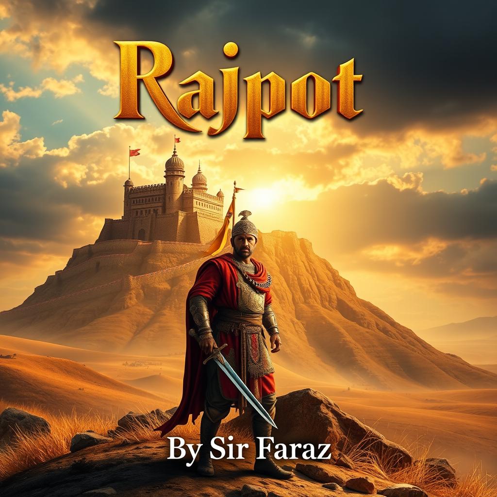 A full-sized, straight-view book cover focusing on royalty and valor, featuring a majestic Rajput palace or fortress standing tall on a rocky hill, bathed in golden sunlight under a dramatic sky