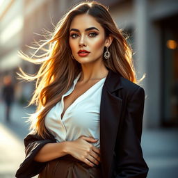 A stunning female model standing elegantly in a fashionable pose, showcasing a glamorous outfit