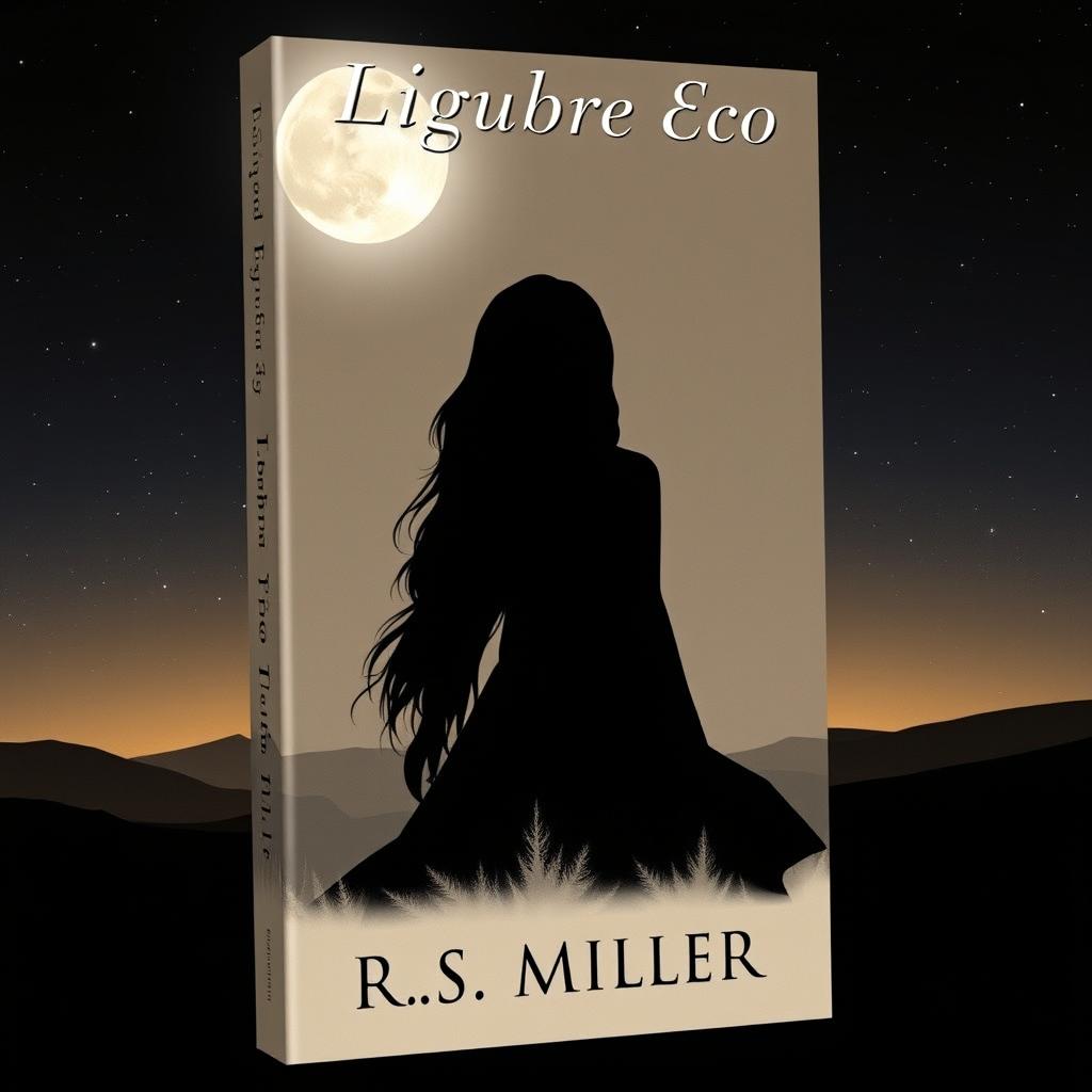 A minimalist book cover featuring a 2D silhouette of an enigmatic and captivating female figure, with a lost gaze surrounded by shadows that suggest mystery and longing