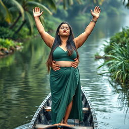 A realistic photograph featuring a pale-skinned girl standing in a small canoe with an elderly Indian man